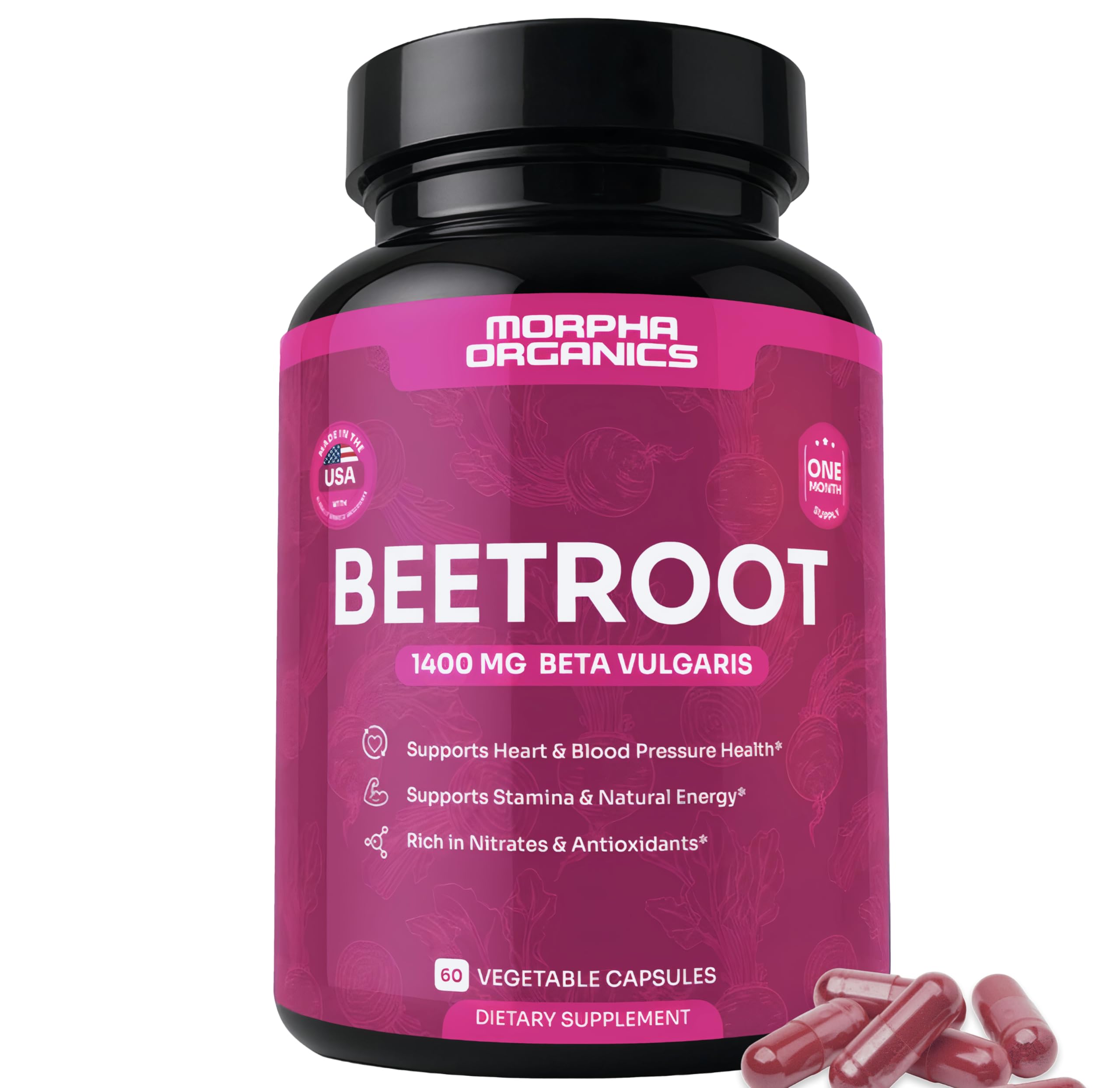 Morpha Organics Beet Root Capsules bottle front for natural energy support.