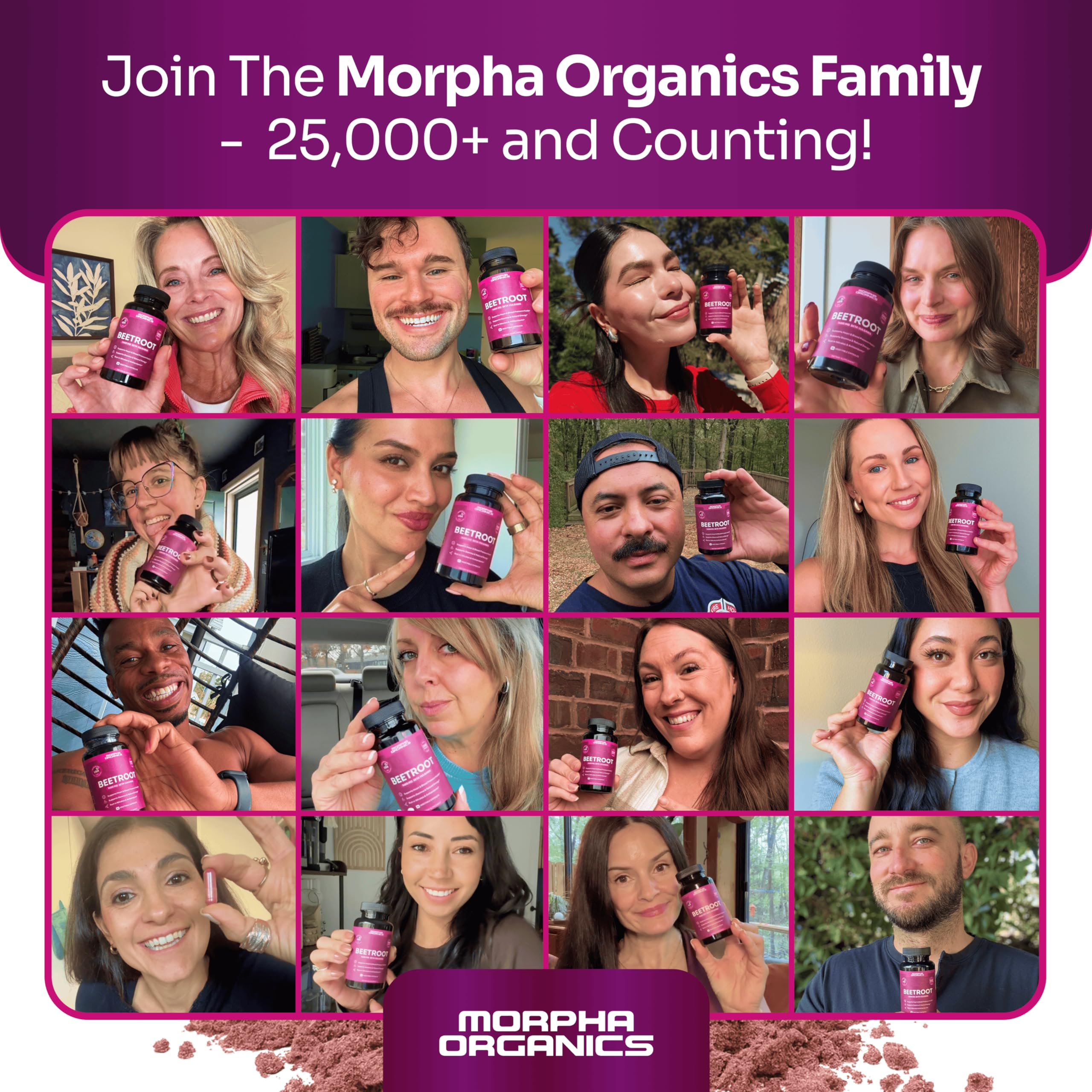 Close-up Morpha Organics beet root capsules showing smooth, easy-to-swallow pills.