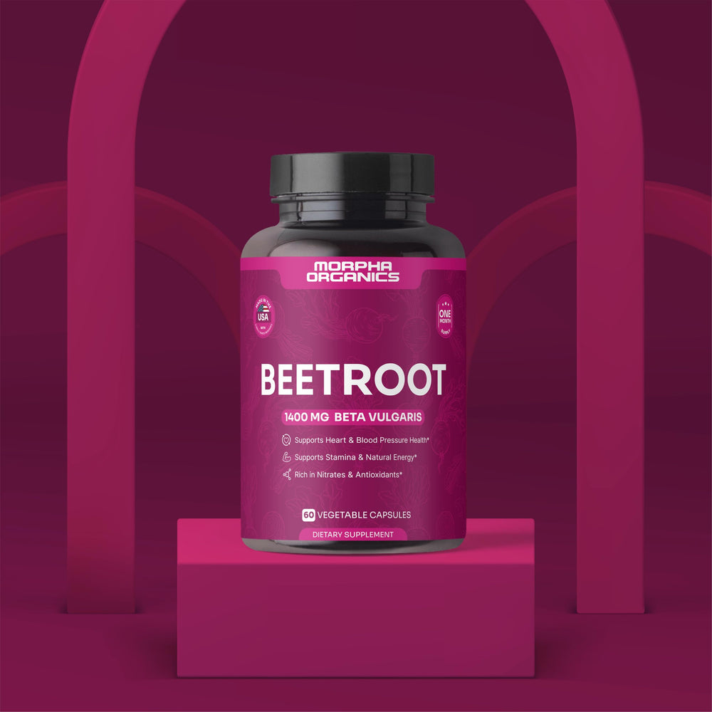 Close-up Morpha Organics beet root capsules showing earthy color and coating.