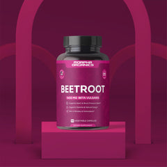Close-up Morpha Organics beet root capsules showing earthy color and coating.