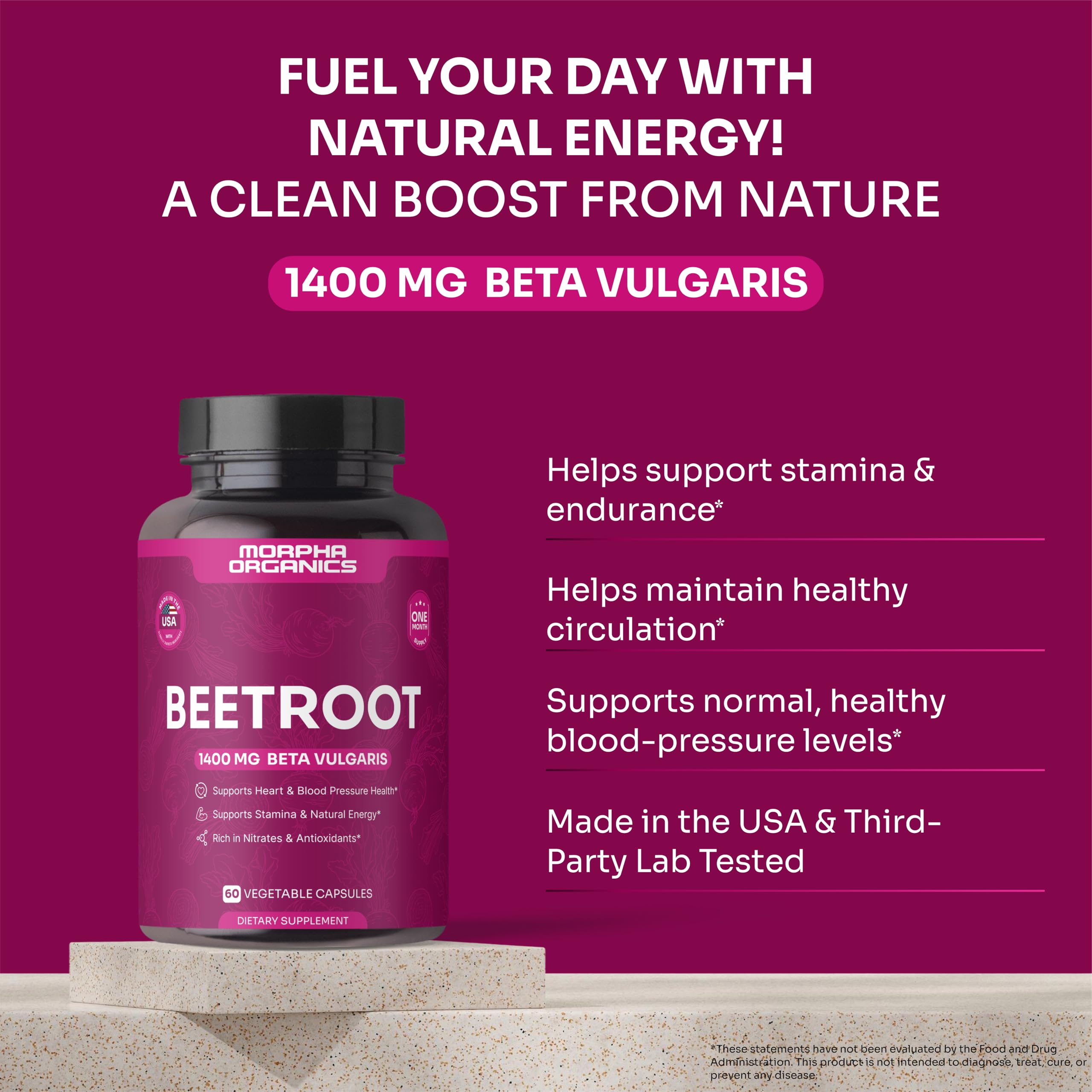 Packaging of Morpha Organics beet root capsules with 60-count bottle.