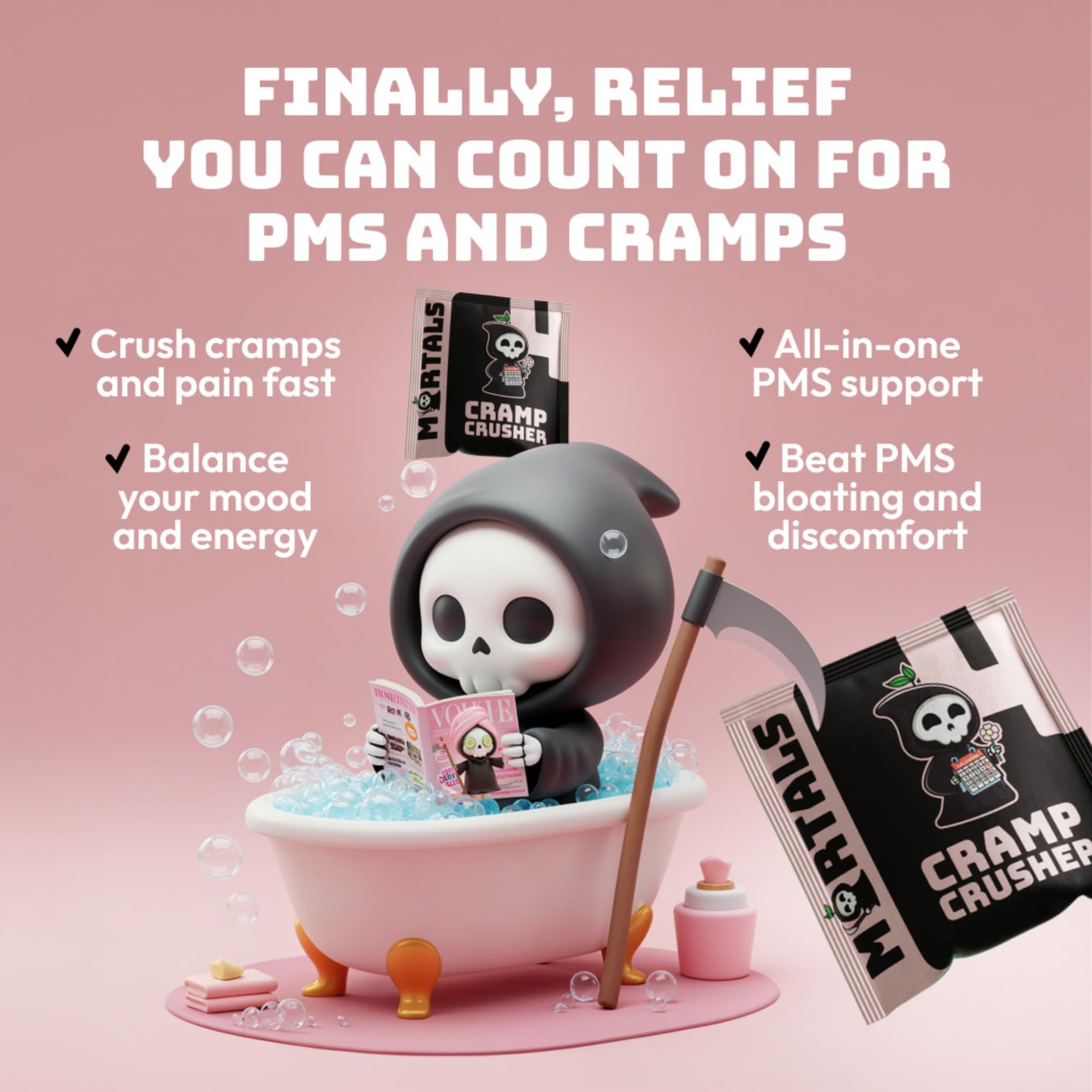 Mortals Cramp Crusher bloating-relief image for PMS-friendly days.