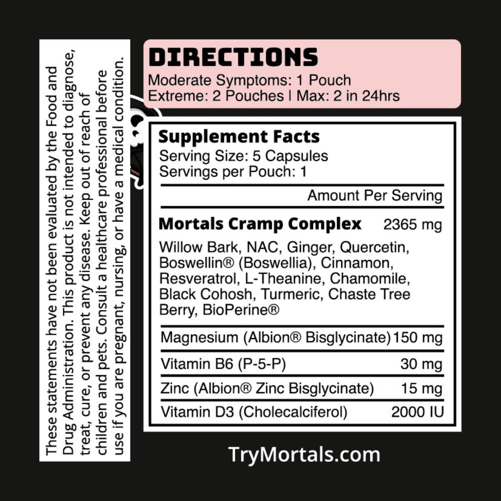 Mortals Cramp Crusher capsules provide convenient period relief when needed.
