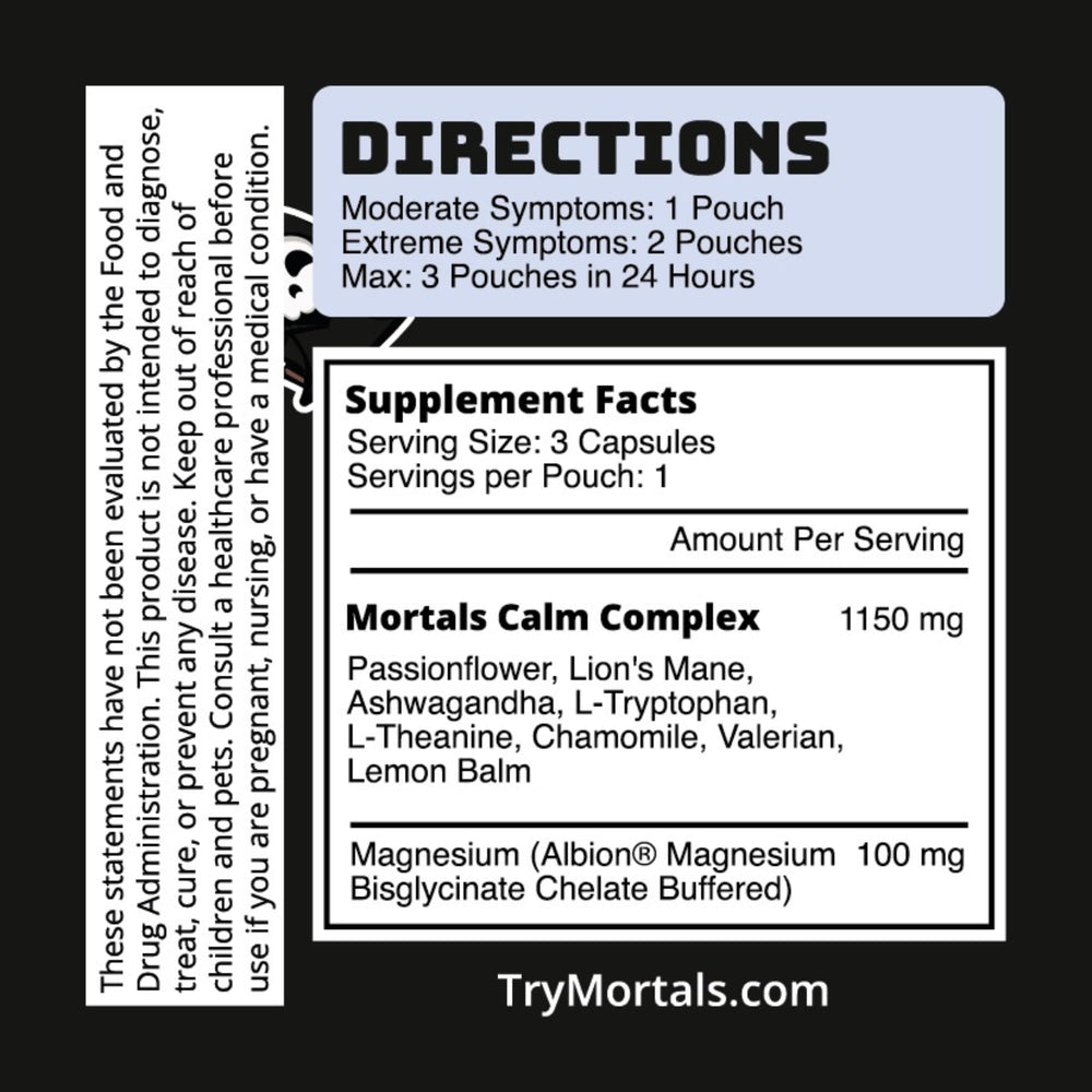 Mortals Mental Balance label close-up highlights ingredients and quality