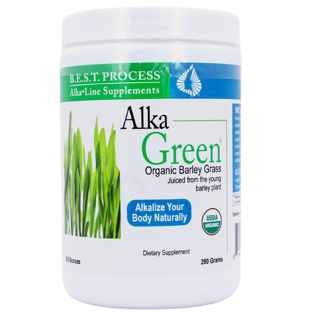 Morter AlkaGreen Powder bottle pour for daily alkalizing support.