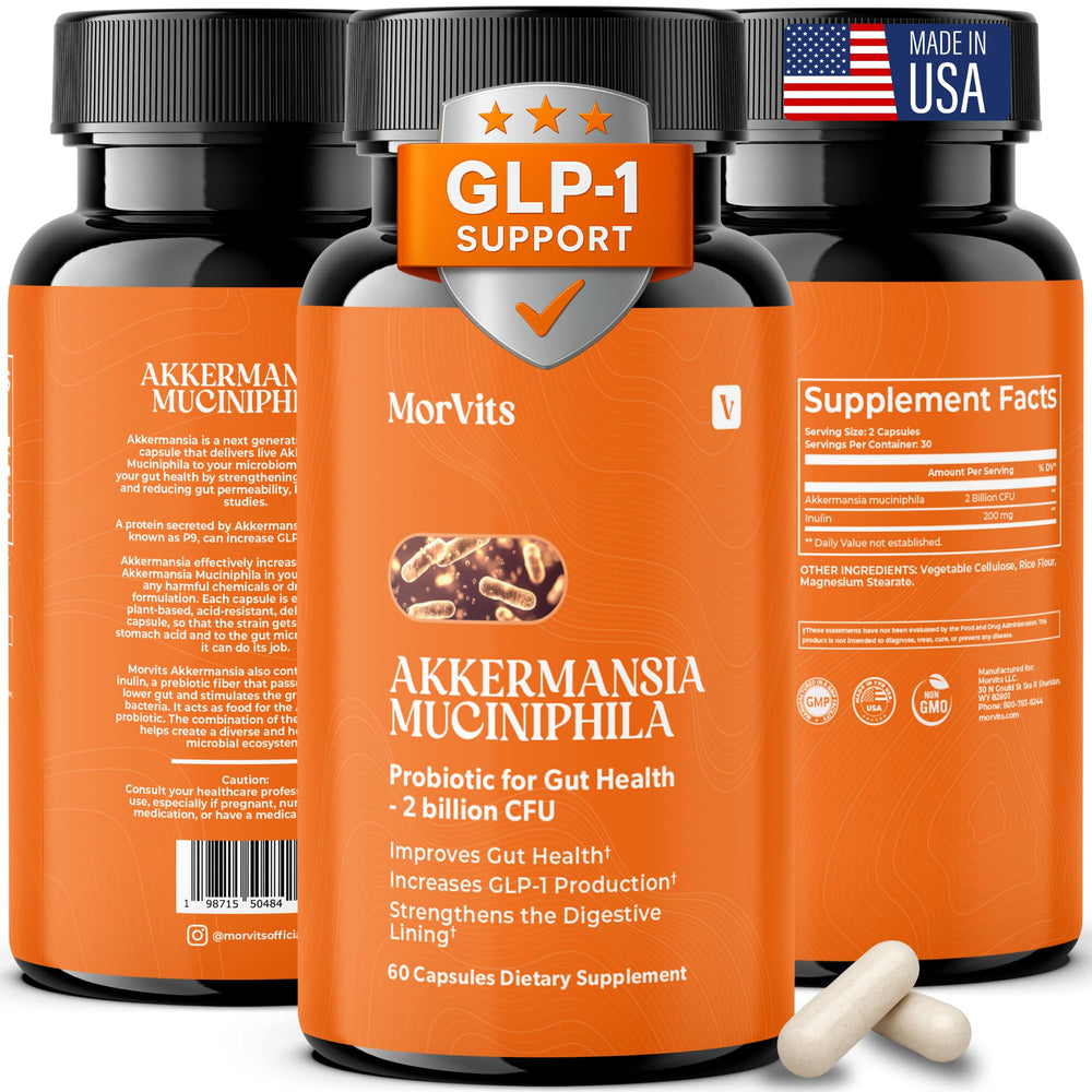 Morvits Akkermansia probiotic bottle for daily gut health.