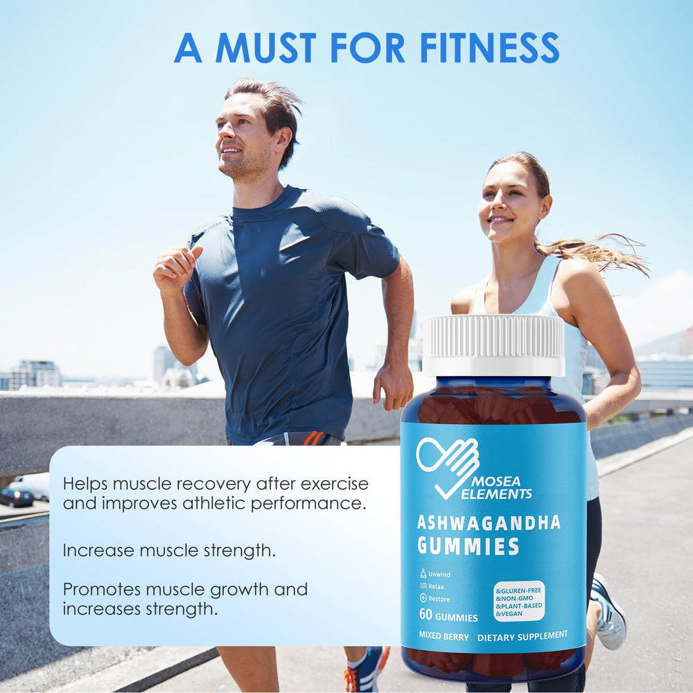 MOSEA ELEMENTS Ashwagandha Gummies daily-use with glass of water scene.