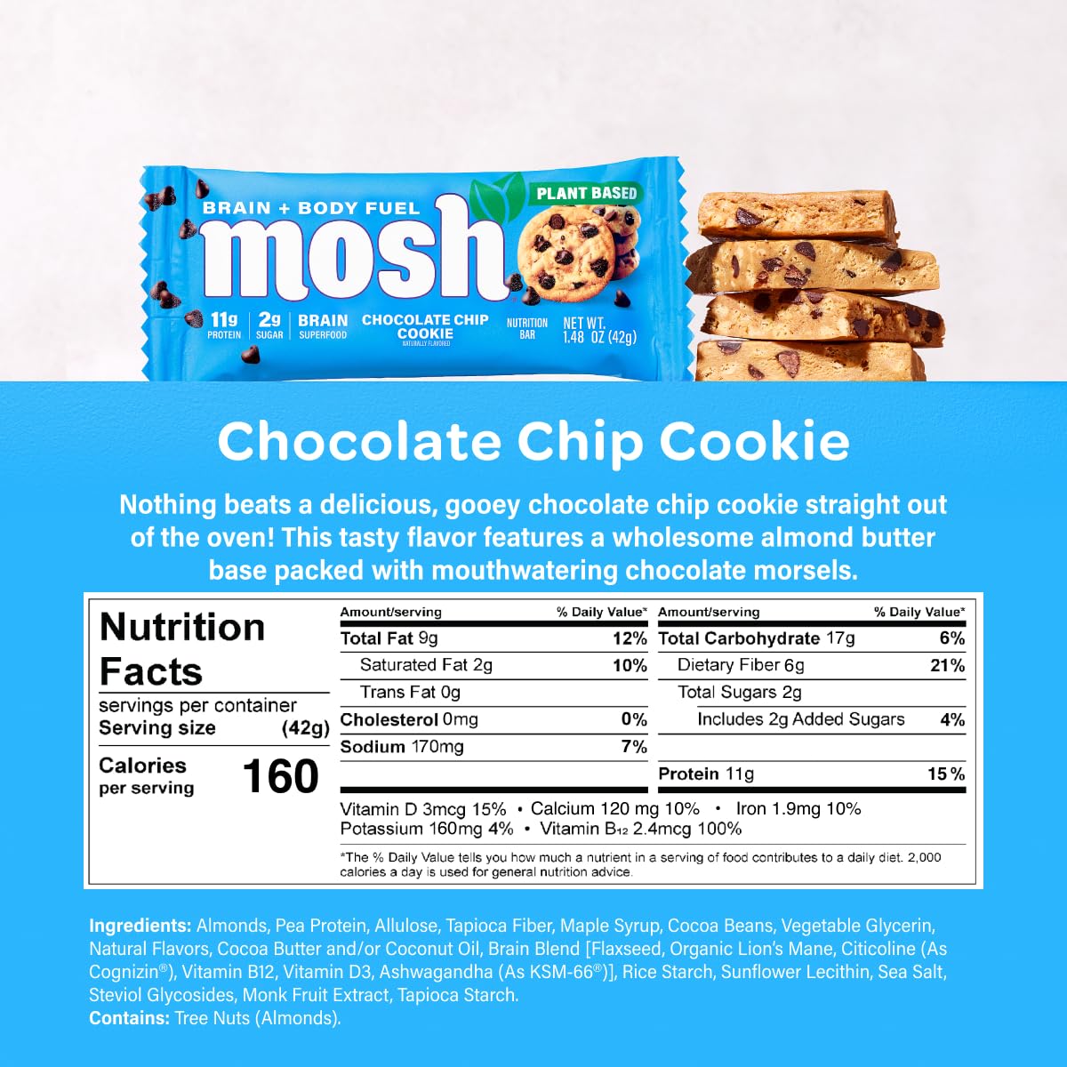 MOSH bar almond butter base close-up emphasizing rich flavor and plant-based protein.