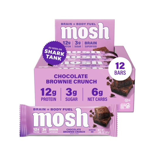 MOSH Chocolate Brownie Keto Protein Bars pack shot highlighting gluten-free, high-protein snack.