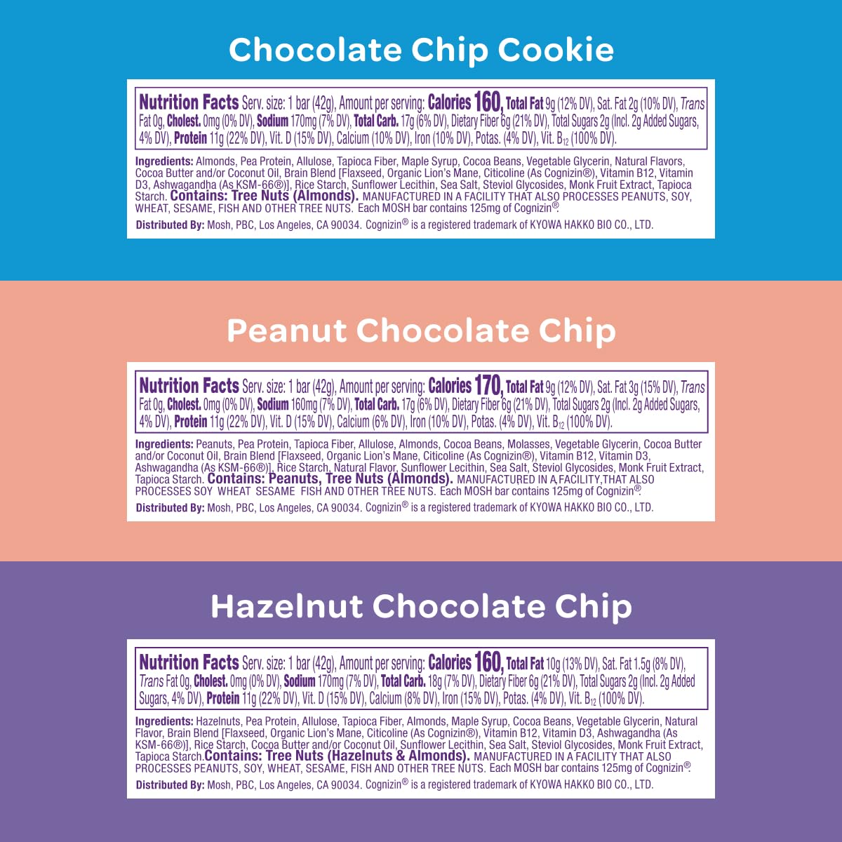 MOSH chocolate chip cookie bar highlighting flavor and clean ingredients