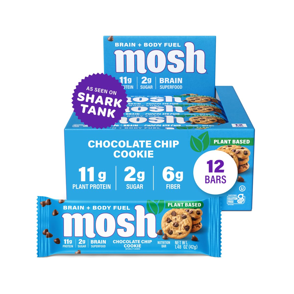MOSH Chocolate Chip Cookie vegan protein bar packaging highlights brain health support and convenient on-the-go snack.