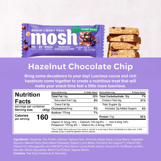 Close-up of hazelnuts and cocoa in MOSH bar, flavorful mood-boosting bite.