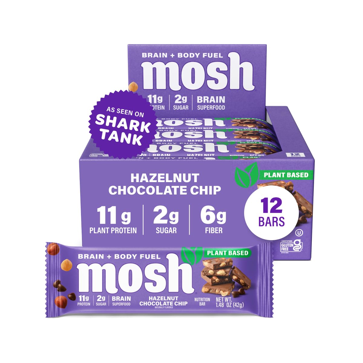 MOSH Hazelnut Chocolate Chip bar pack, keto-friendly and brain-boosting snack.