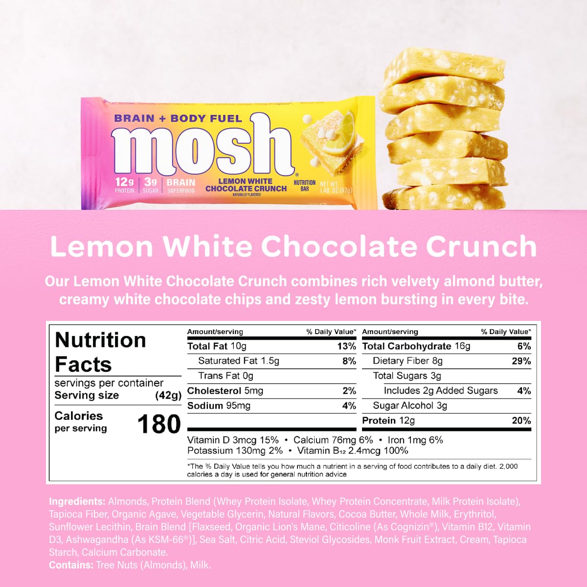 MOSH Lemon White Chocolate Keto Bar cross-section reveals protein and fiber.