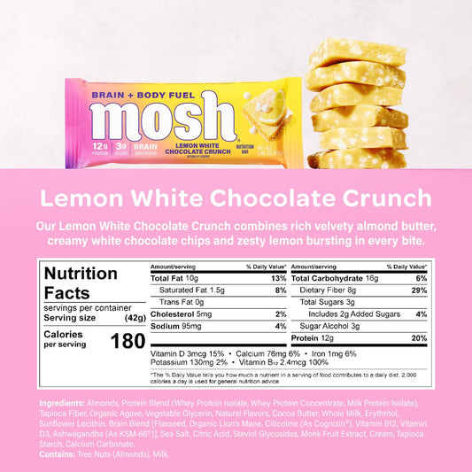 MOSH Lemon White Chocolate Keto Bar cross-section reveals protein and fiber.