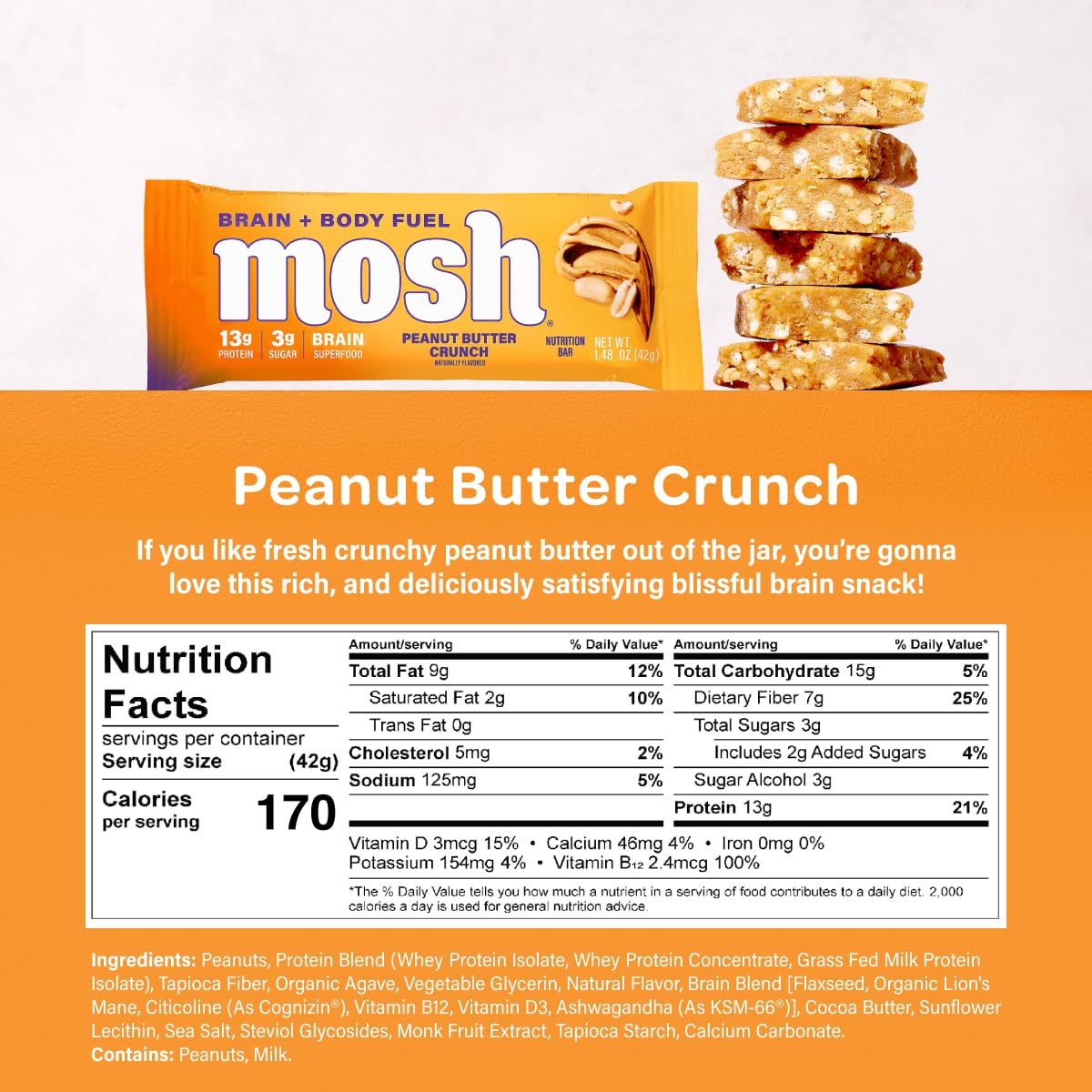 Front view of MOSH bars emphasizes protein and fiber benefits.