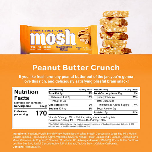 Front view of MOSH bars emphasizes protein and fiber benefits.