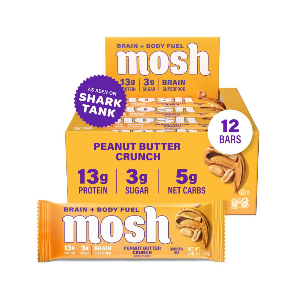 MOSH Peanut Butter Crunch packaging highlights brain-health nutrition.