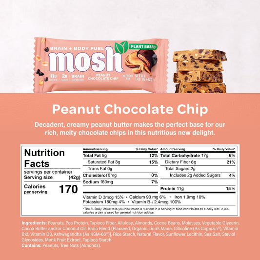 MOSH Peanut Chocolate Chip bar close-up highlighting creamy peanut butter and chocolate chips for a tasty, satisfying snack.