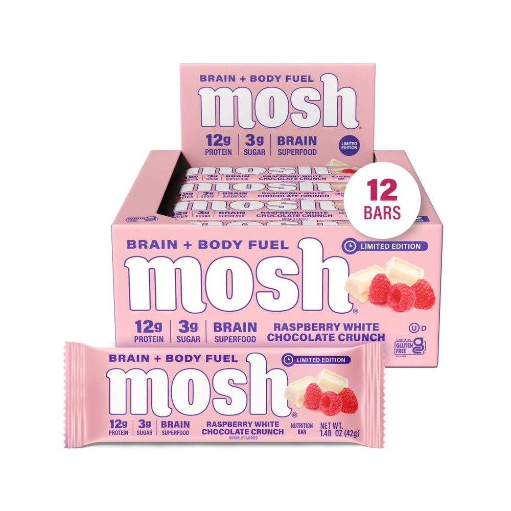 MOSH Raspberry White Chocolate Crunch bar close-up shows texture and raspberry bits for a protein snack.