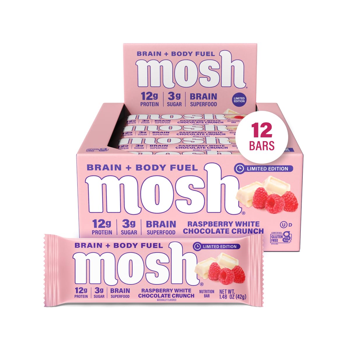 MOSH Raspberry White Chocolate Crunch bar close-up shows texture and raspberry bits for a protein snack.
