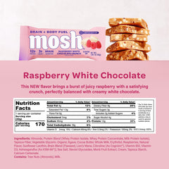 MOSH Raspberry White Chocolate Crunch bar packaging highlights keto-friendly and gluten-free labeling.
