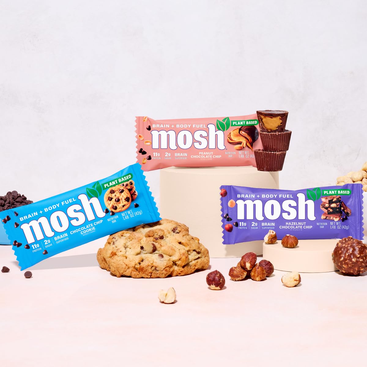MOSH brain health illustration highlights fiber, omega-3s, and clean labels.
