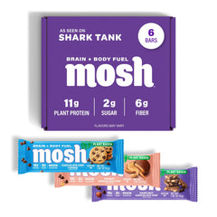 MOSH variety pack vegan bars packaging highlights clean-label nutrition for on-the-go snacking.