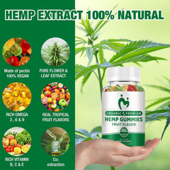MOSRAY Hemp Gummies packaging back highlights vegan, low-sugar nutrition for balanced days.