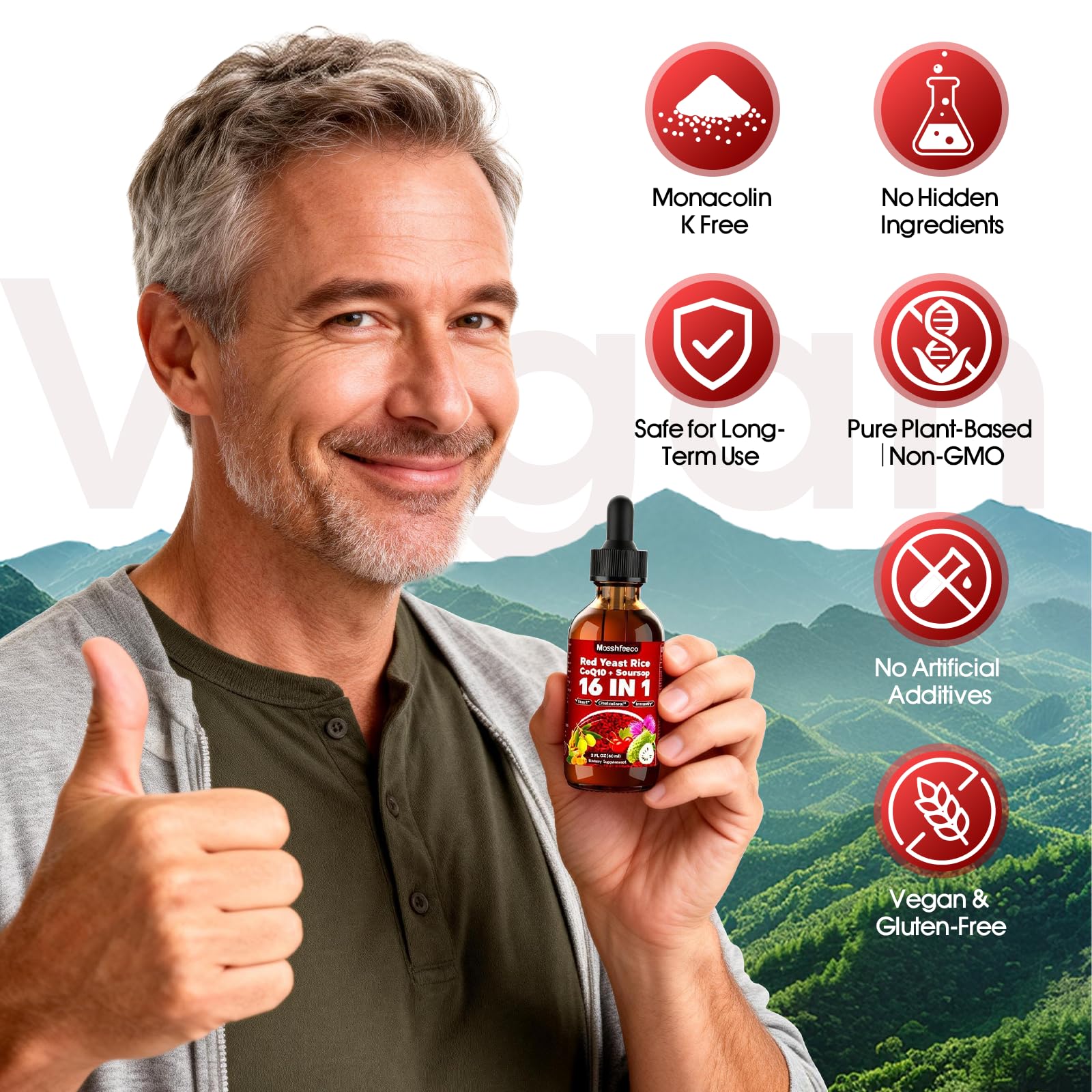 MOSSHFEECO Bottle label showing Red Yeast Rice, CoQ10, and vitamins.