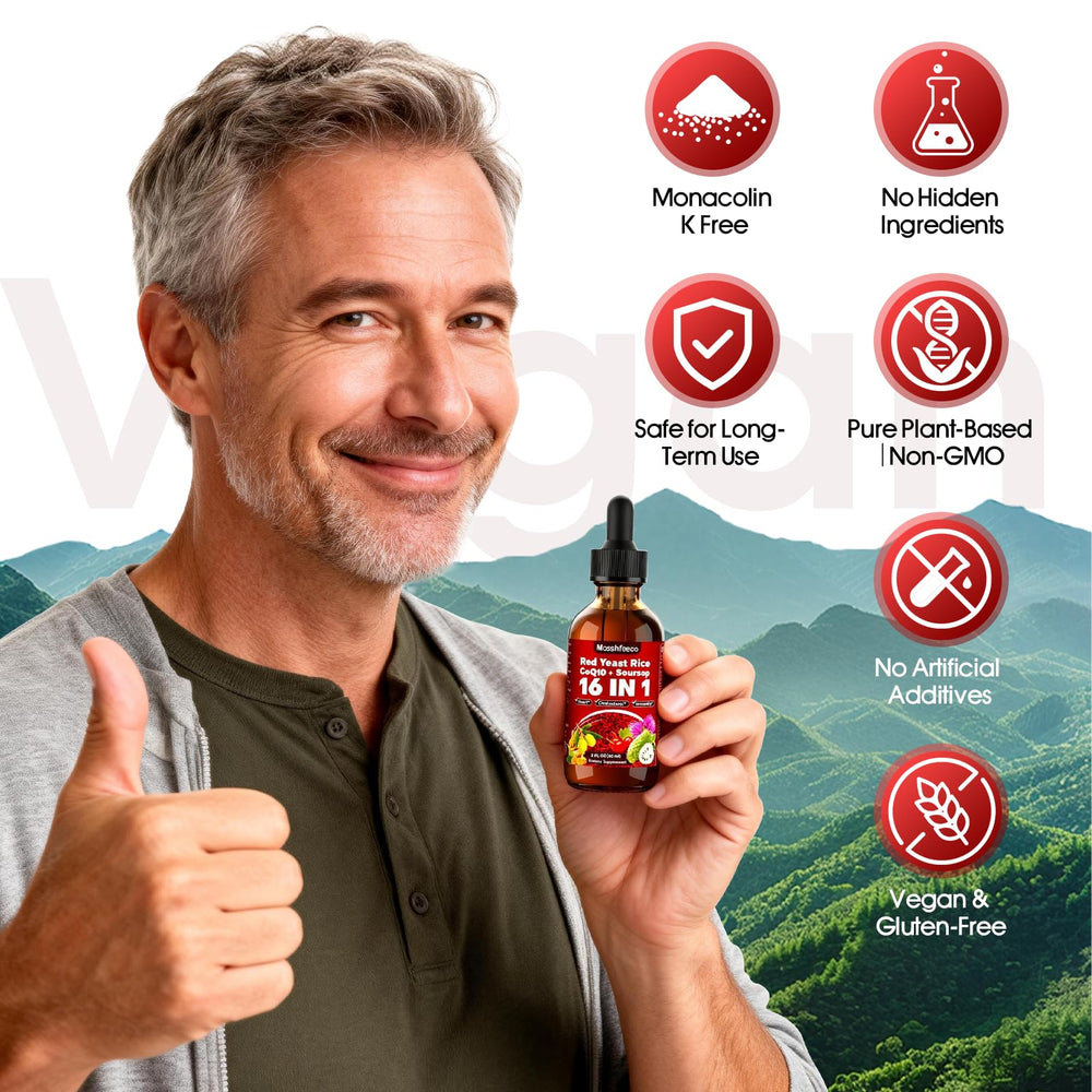 MOSSHFEECO Bottle label showing Red Yeast Rice, CoQ10, and vitamins.