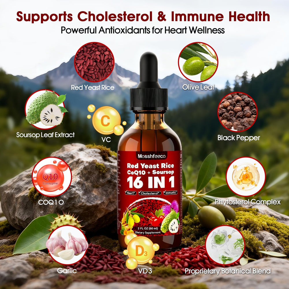 MOSSHFEECO Red Yeast Rice Drops bottle with CoQ10 and Soursop Leaf, antioxidant support.