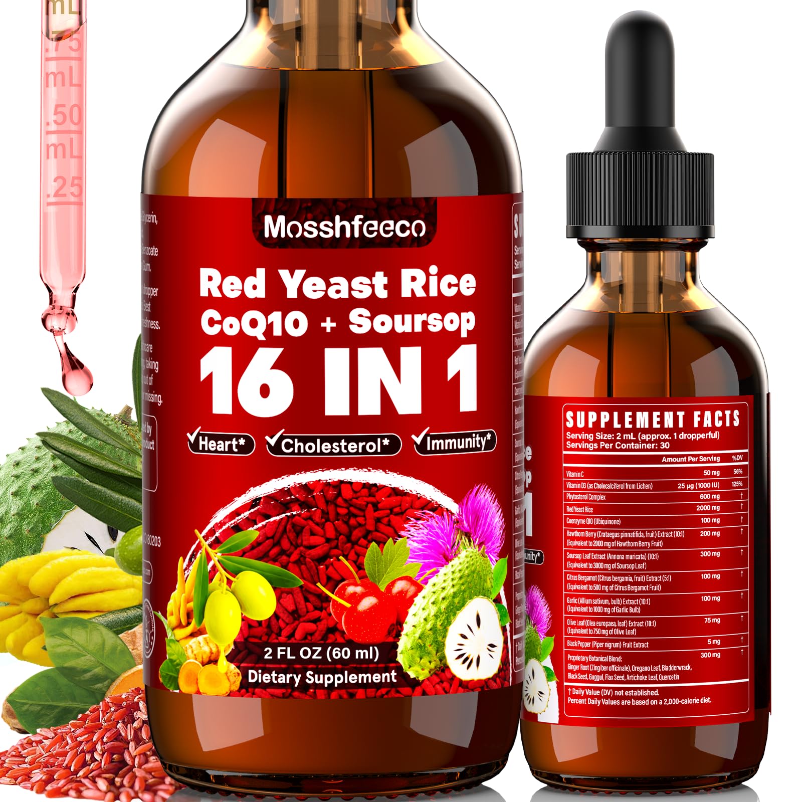 MOSSHFEECO Red Yeast Rice bottle with drops supports cholesterol management and immune health.