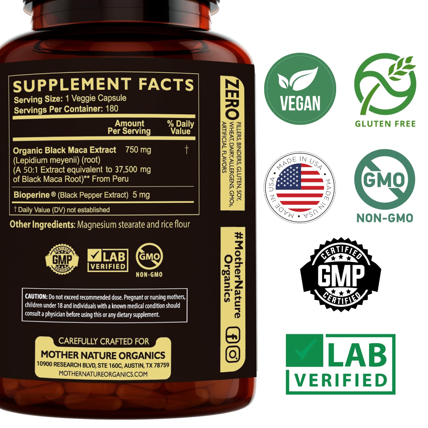 BioPerine blend in Mother Nature maca for enhanced nutrient absorption.