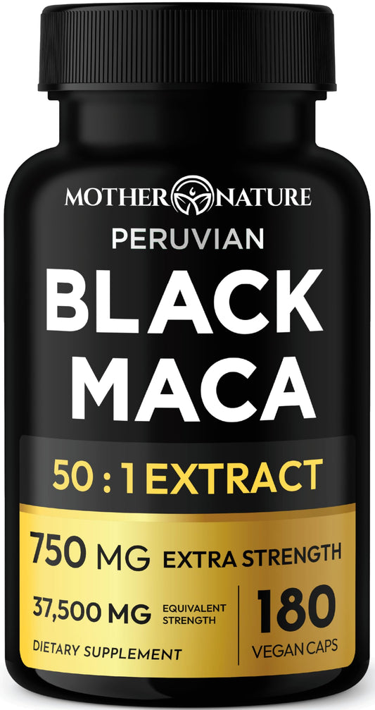 Mother Nature Black Maca 50:1 extract bottle label, highlighting potency and energy support.