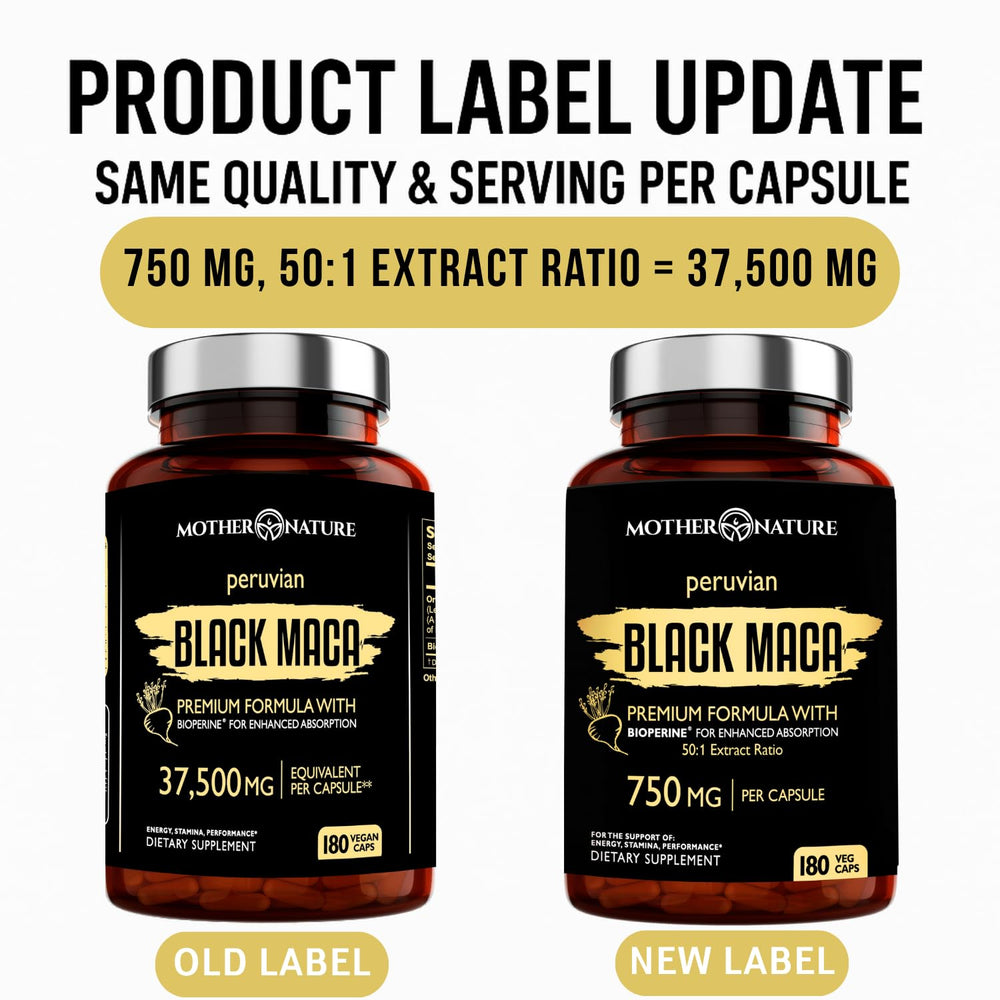 Close-up of Mother Nature Black Maca capsules, showing high potency formula.