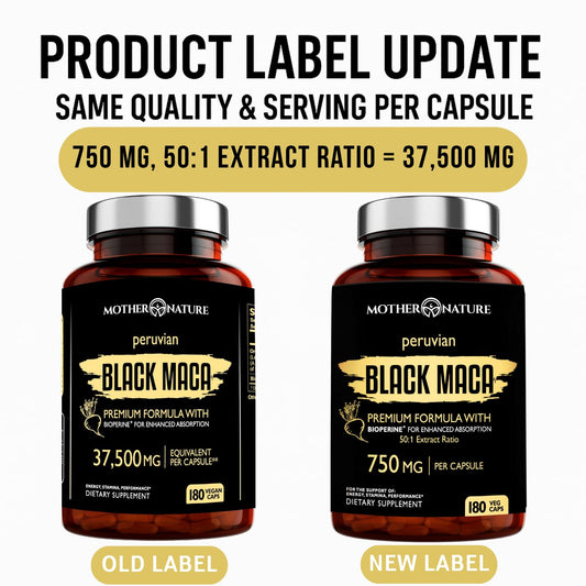 Close-up of Mother Nature Black Maca capsules, showing high potency formula.