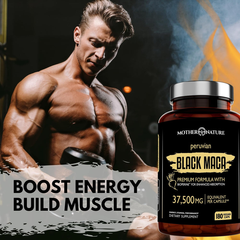 Mother Nature Black Maca capsules for daily energy support during workouts.