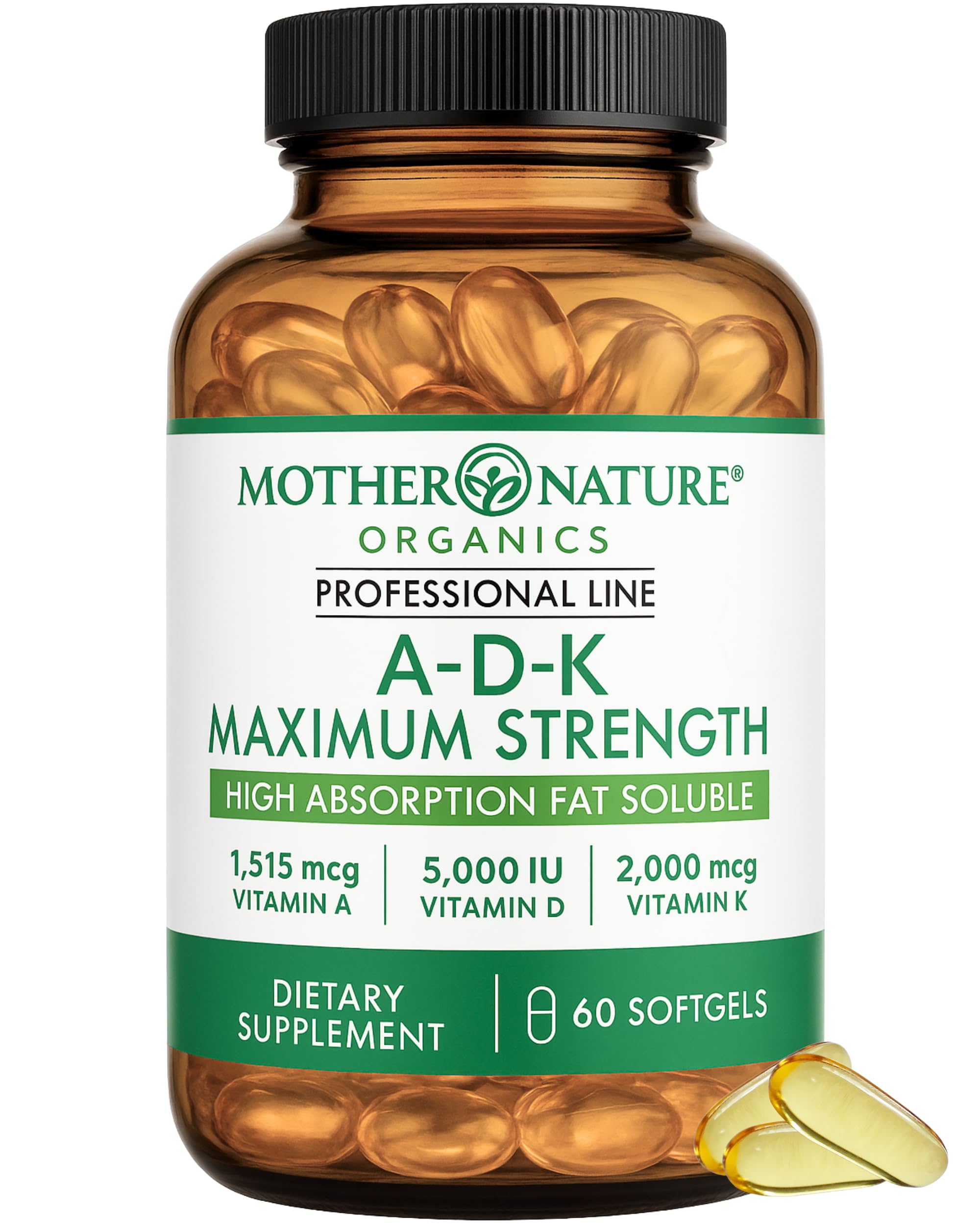 Mother Nature Organics ADK softgels bottle supports bone health and immune resilience