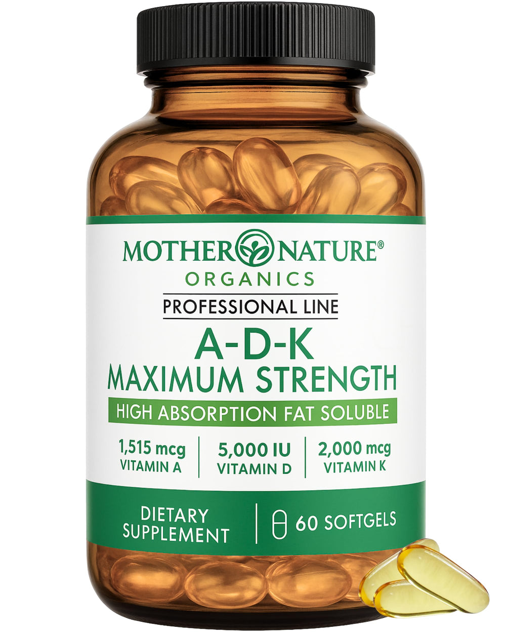 Mother Nature Organics ADK softgels bottle supports bone health and immune resilience