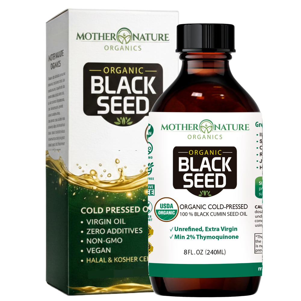Mother Nature Organics Black Seed Oil bottle for daily immune support.
