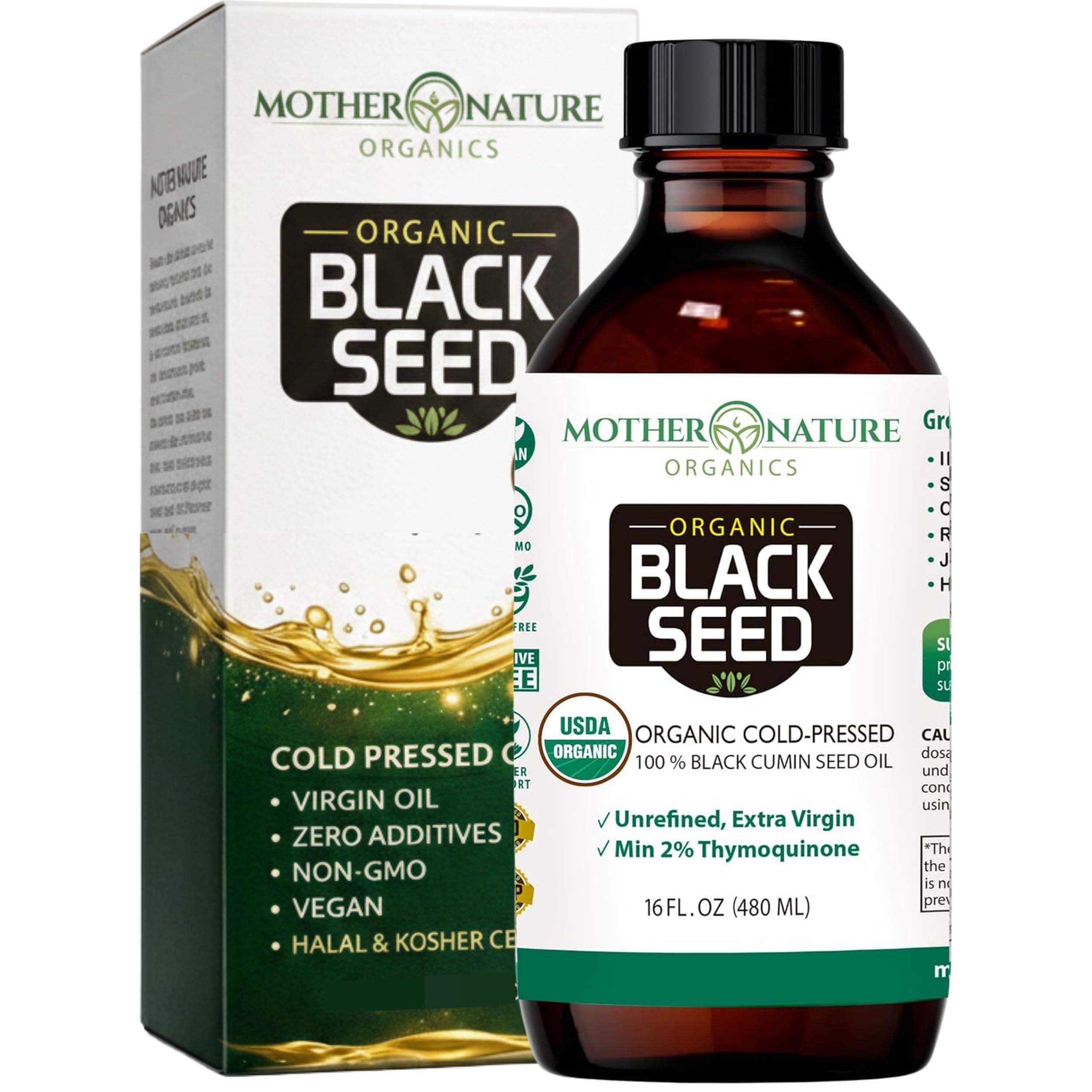 Mother Nature Organics black seed oil bottle pour for easy daily dosing