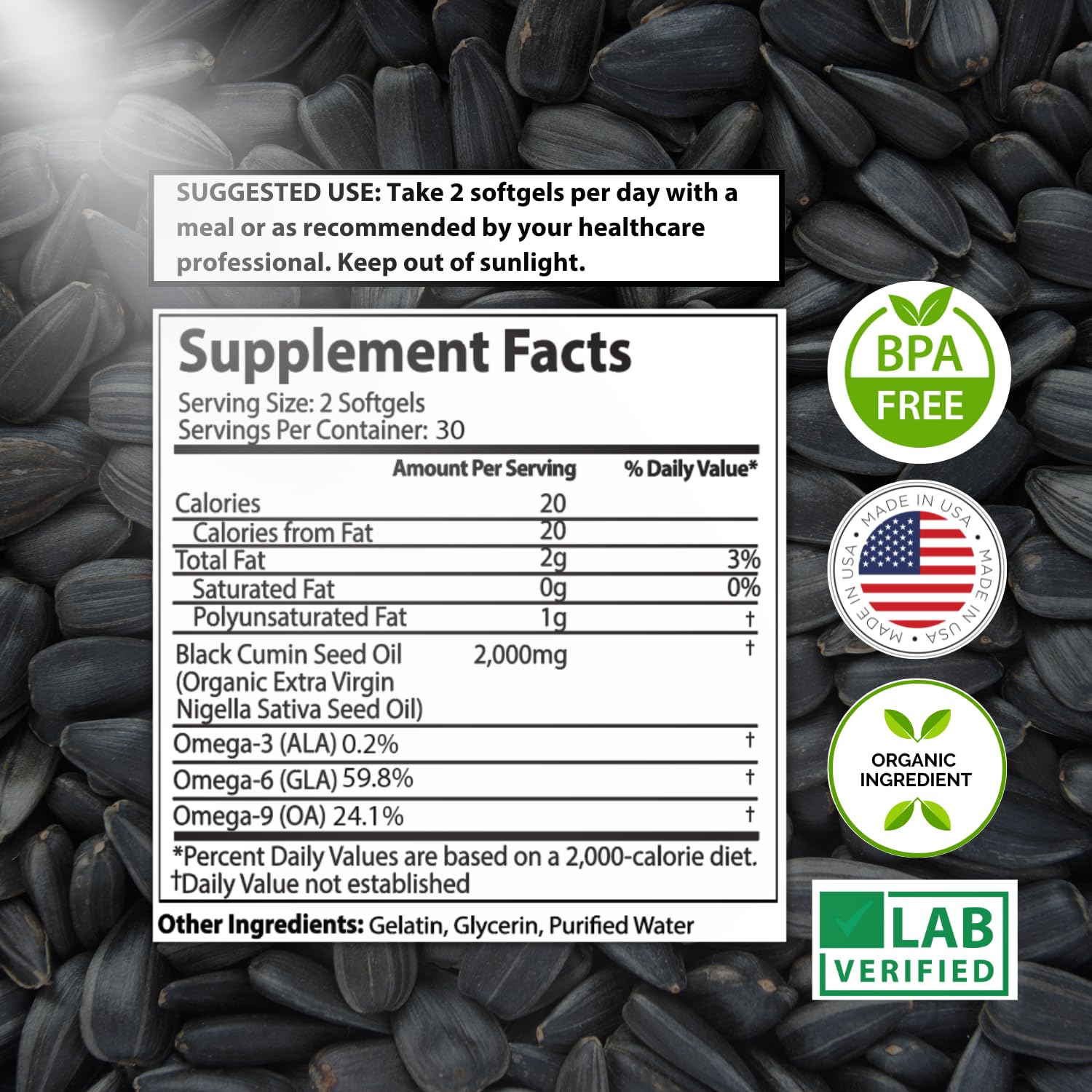 Mother Nature Organics black seed oil capsules being poured for easy daily use