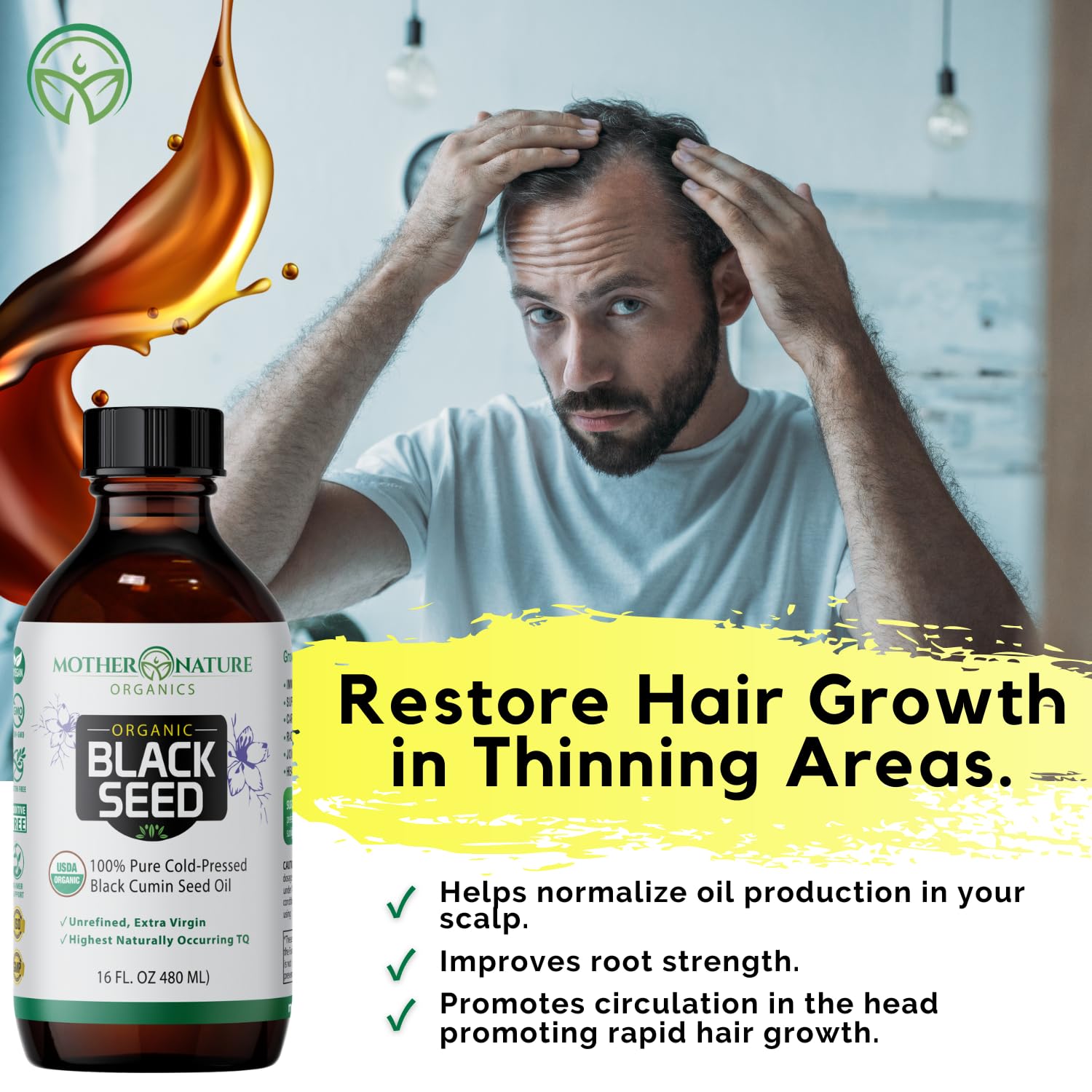 Droplets of Mother Nature Organics black seed oil for daily use