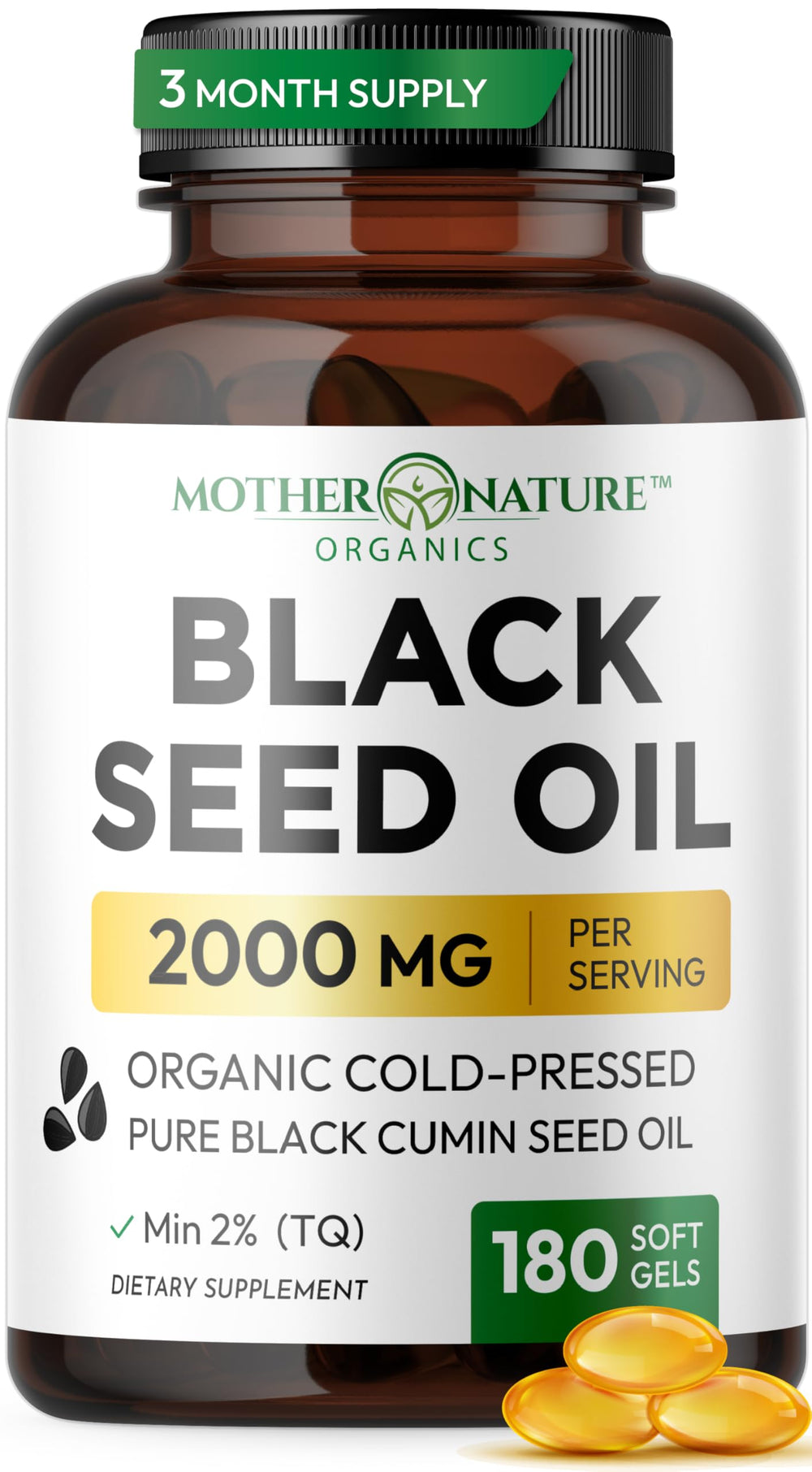 Mother Nature Organics black seed oil softgels bottle front, for daily wellness.
