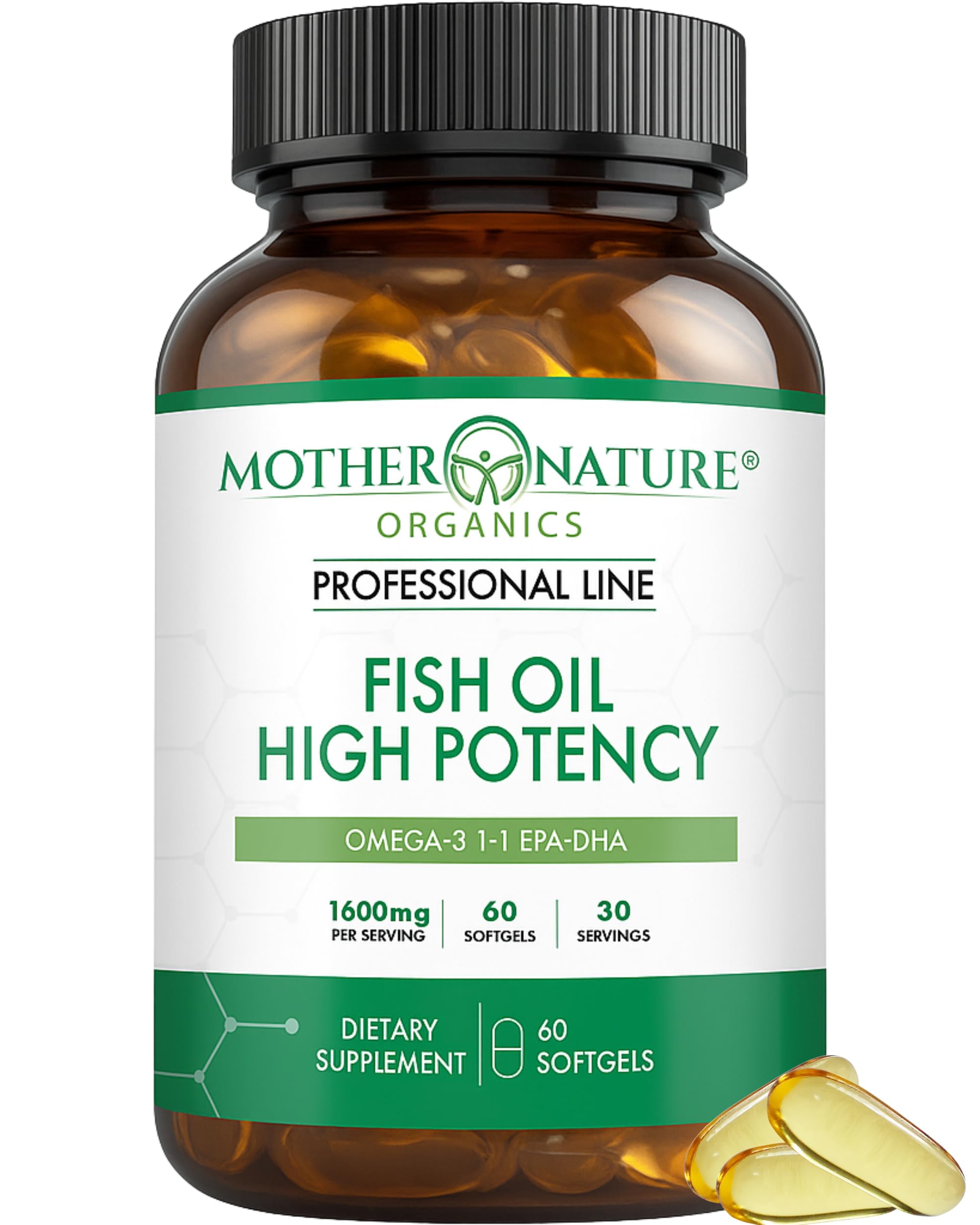 Mother Nature Organics Omega-3 bottle pour highlighting glass bottle and freshness preservation.