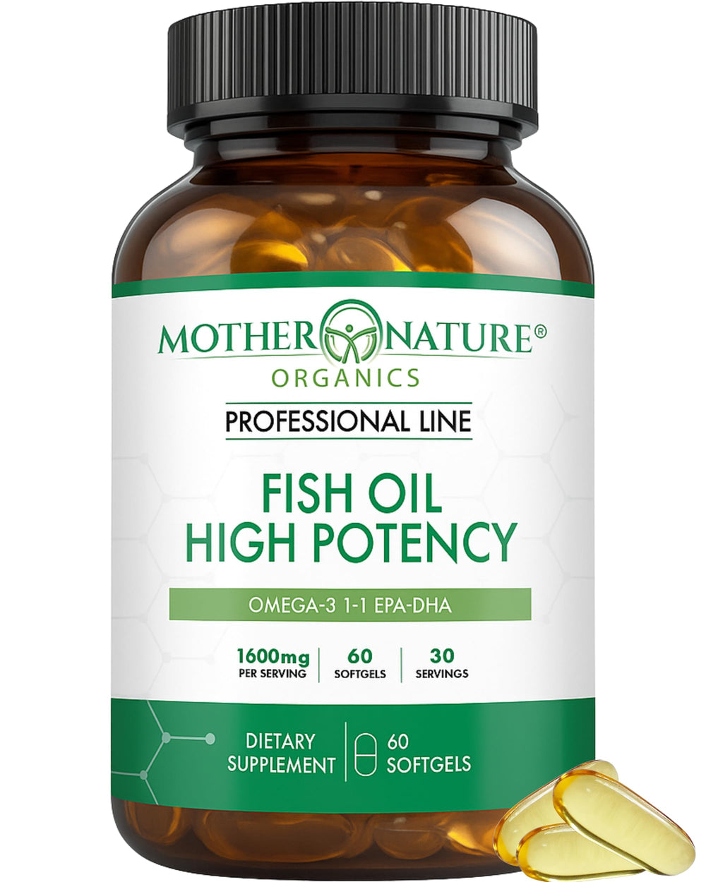 Mother Nature Organics Omega-3 bottle pour highlighting glass bottle and freshness preservation.