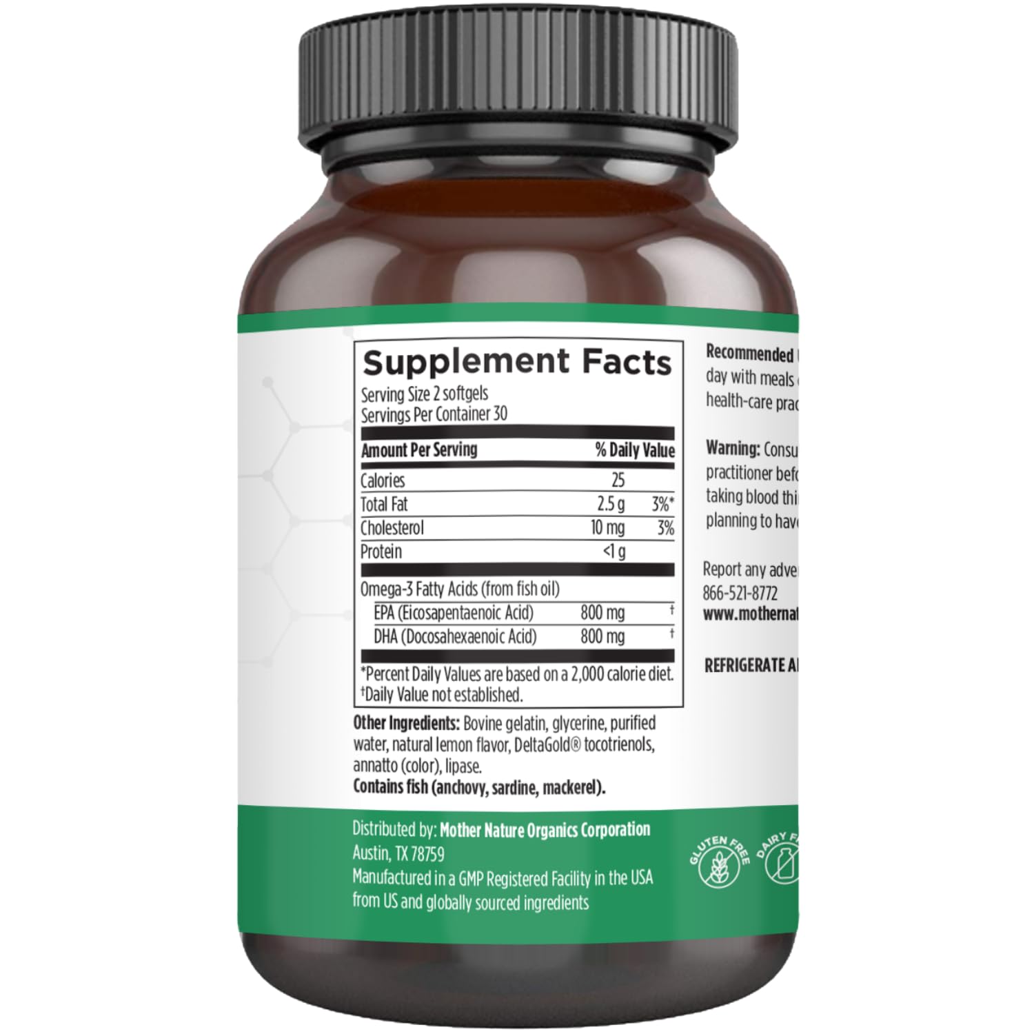 Mother Nature Organics Omega-3 softgels closeup highlighting high EPA and DHA for joints.