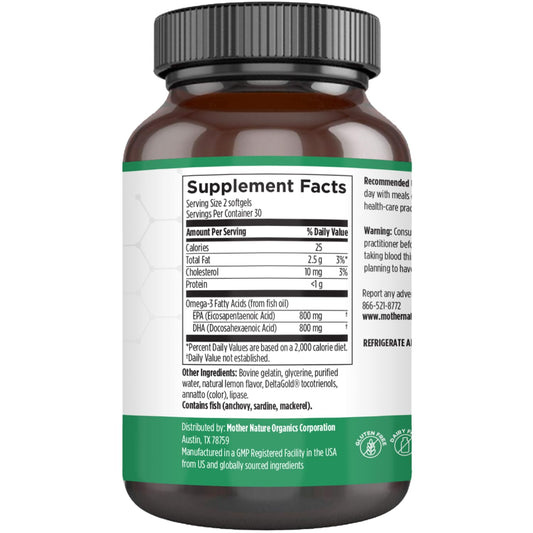 Mother Nature Organics Omega-3 softgels closeup highlighting high EPA and DHA for joints.