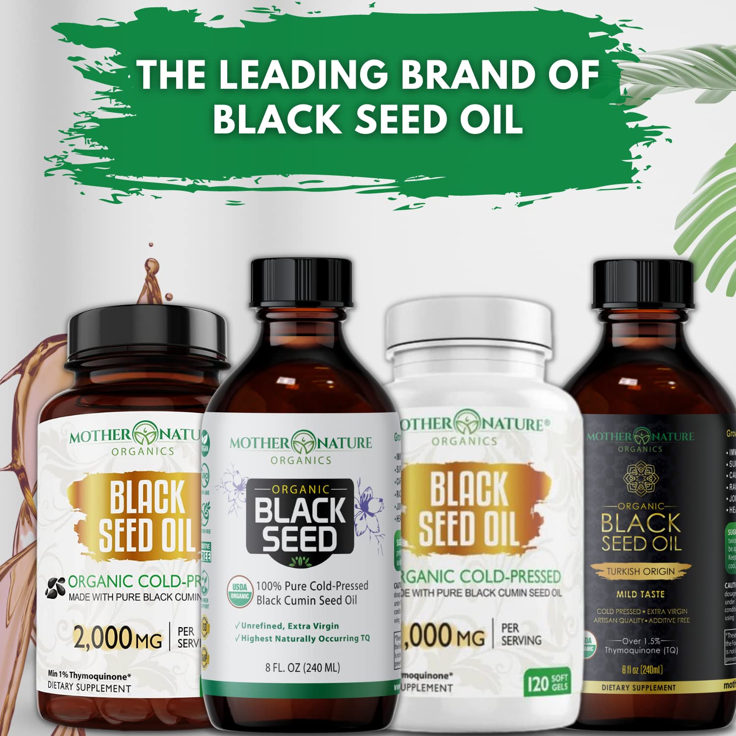 Mother Nature Organics oil beside greens for versatile use.